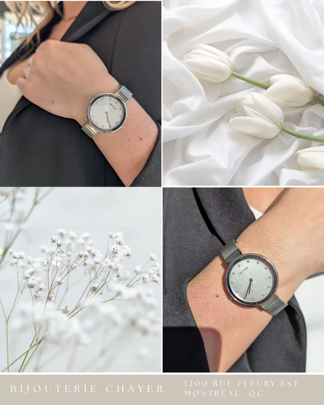Montres Bering élégantes portées sur le poignet et images de tulipes blanches et fleurs délicates, avec texte Bijouterie Chayer Montréal.