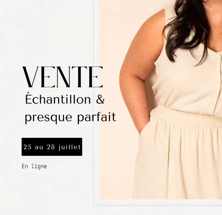 Annonce de vente d'échantillons et articles presque parfaits en ligne du 25 au 28 juillet avec photo d'une femme portant une robe beige sans manches.