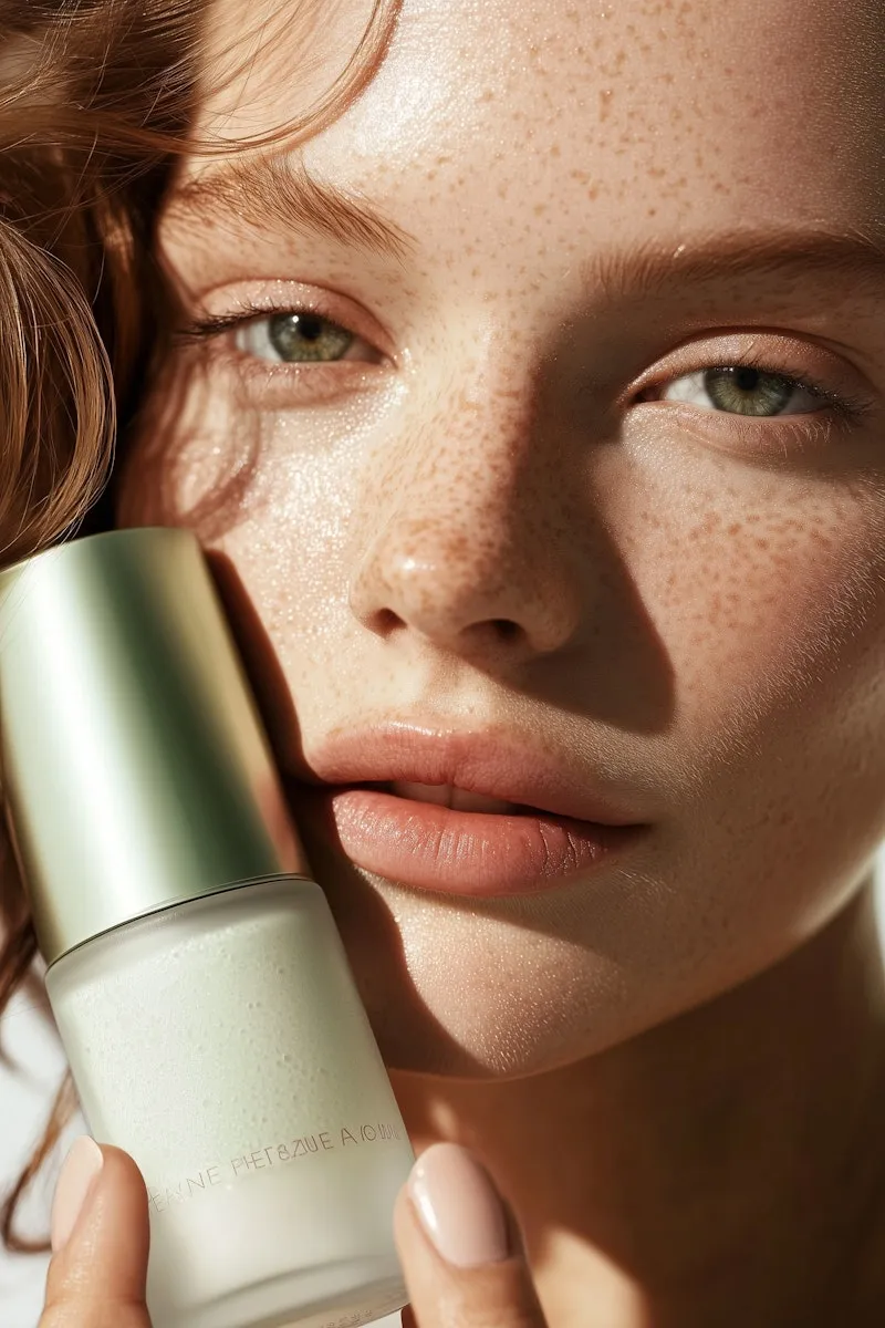 Femme tenant un flacon de crème pour la peau.